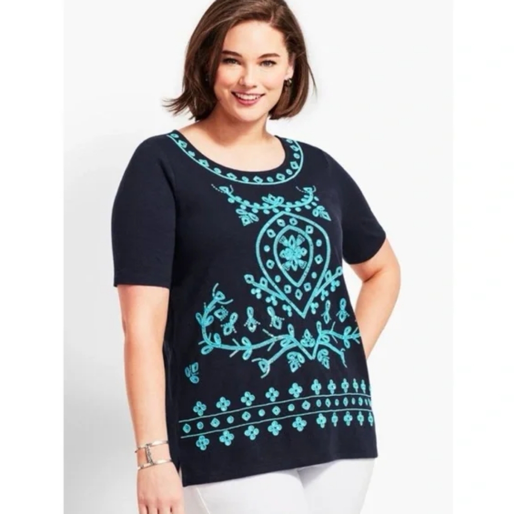 New Talbots Embellished Top cotton beaded navy blue turquoise tunic coastal 3X